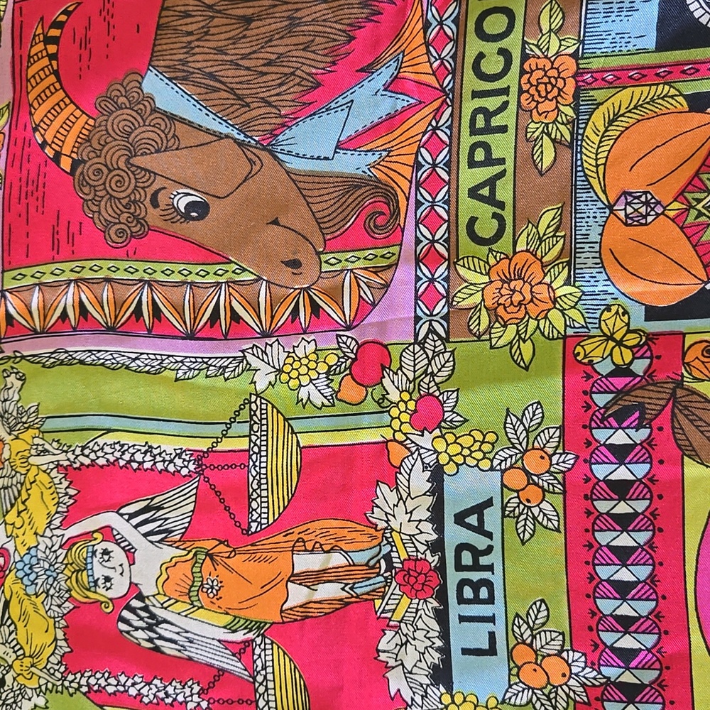 RARE VINTAGE 60s Mod Zodiac Sign Astrology Silk Scarf - Picture 6 of 8